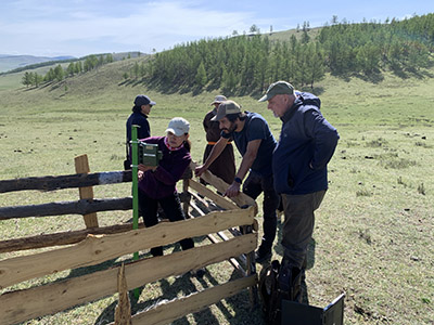 Fran with other researchers checking an acoustic sensor in Mongolia
