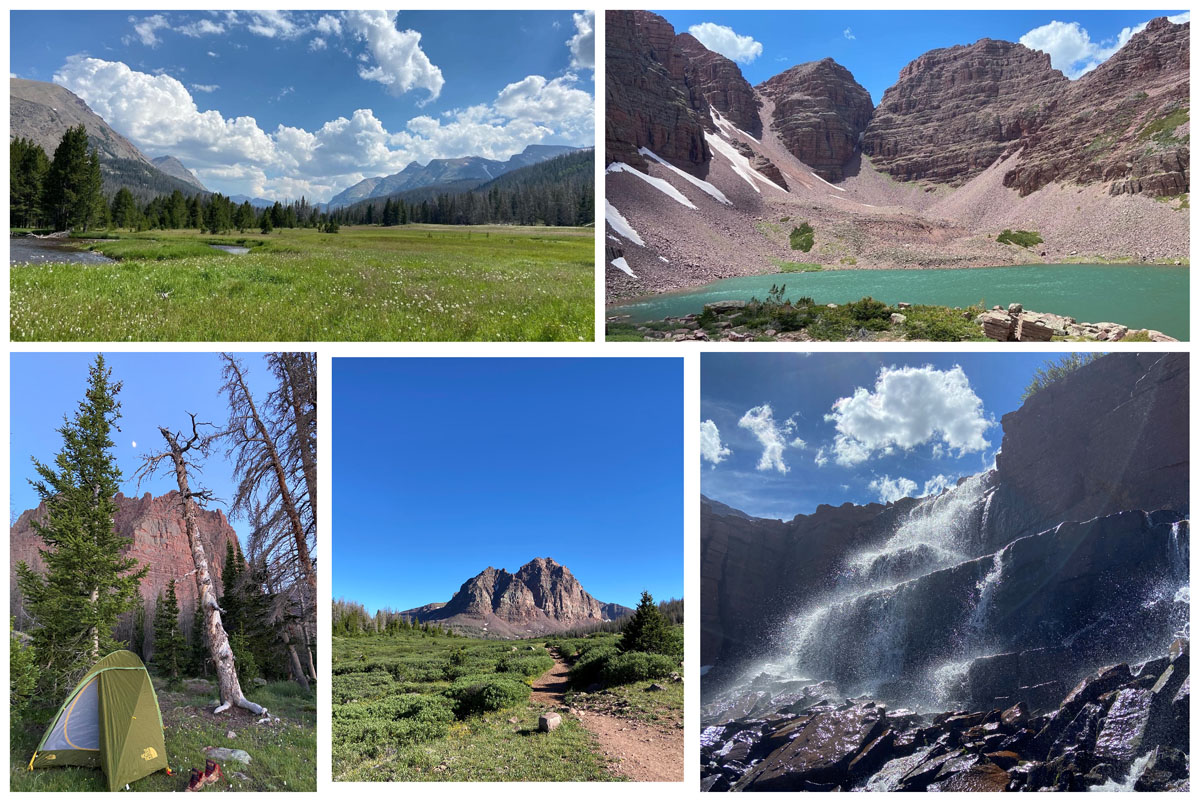 Some of the sights that Sonja Georgiefski-Rios saw during her summer internship (clockwise from top left): Dead Horse trail in Utah; a beautiful lake she came across in Red Castle, Utah; a waterfall Sonja found exploring around Red Castle; Red Castle from a few miles away - the hike in was 12 miles; Sonja's camp set up with Red Castle in the background. 