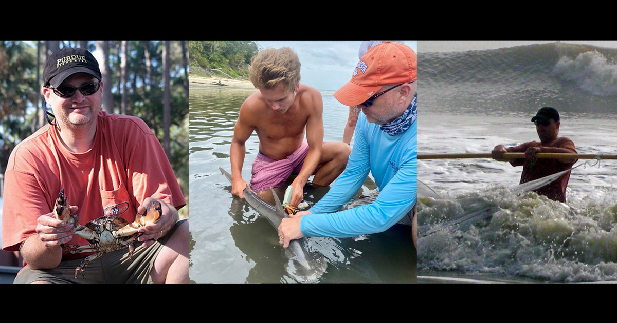 Dr. Reuben Goforth holds a large Florida stone crab; talks FNR alumnus Riley Thompson through the procedures to tag a bonnethead shark using a Floy T-bar anchor tag; and deploys a beach seine to sample fishes in the breaking waves at Hunting Island State Park in South Carolina. 