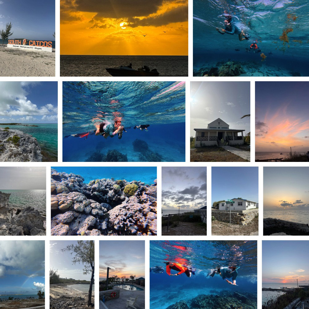 A collage of images of Turks and Caicos taken by Morgan Hamilton during her summer study abroad program. Top row (Left to right):  The South Caicos sign with a queen conch; sunset over a local fishing boat; Morgan snorkeling with classmates during a biodiversity survey exercise. Row 2: Northern tip of South Caicos; Morgan snorkeling; Saint Lucy's Catholic Church; the sky over the water during a sunset; Row 3: a rocky outcrop and the sun shining off the water; a porcupine fish peeking out of a reef; the area on campus where the study abroad cohort would hang its laundry; an average house on South Caicos; a sunset. Row 4: A rainbow; Regatta beach; the SFS pool; Morgan snorkeling on the biodiversity survey; the jetty and SFS boat dock.