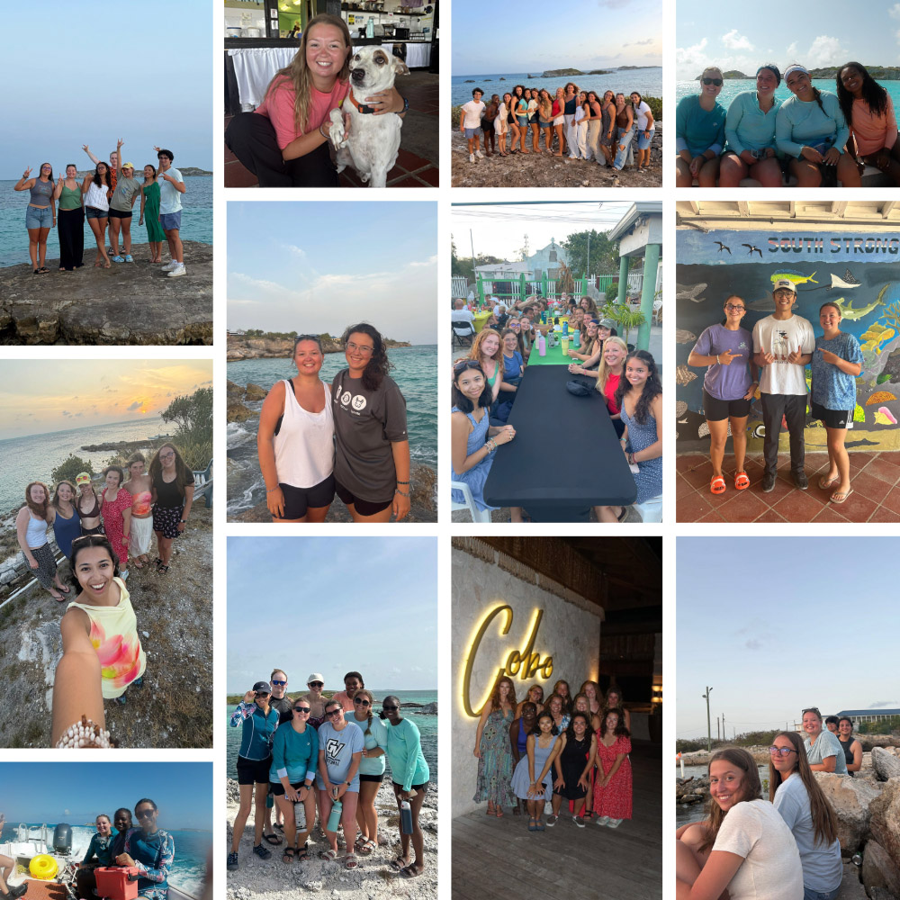 A collage of images of the people Morgan Hamilton met on her study abroad trip to Turks and Caicos. Top row (left to right): Morgan with fellow students by the water; Morgan with the SFS campus dog Patchy; students from the School of Field Studies; Morgan with Hannah Weller, Macie Swartz and Linsi Scott. Row 2: Brianna Maltez takes a selfie with  Jocie Thom, Morgan, Aleah Mulgrew, Clair Reilly, Lauren Gemmarelli and Natalee Keller. Morgan with Claire Reilly; the class cohort at lunch; Natalee Keller, ecotourism professor Yuqian Zhang and Morgan Hamilton. Zhang got his master’s at IU, so he and Morgan bonded over Indiana. Row 3: Morgan, Alayah Coleman and Brianna Maltez on the boat ride to their acoustic survey location; SFS students; A night out for a special dinner at the Saltera resort on the island; Julia Torpy, Natalee Keller, Morgan, Geo Schecter and Ashton Leahy. 