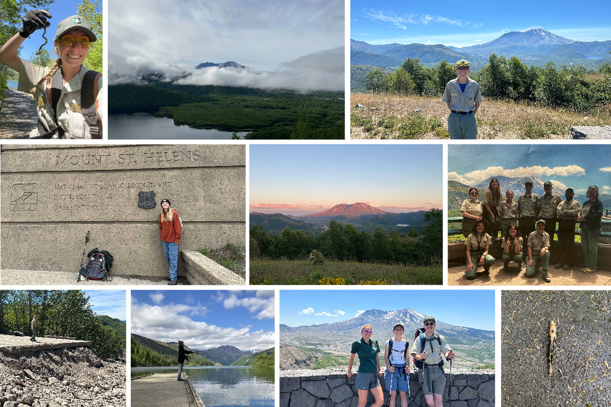 A collage of photos from Lillian Hannon's summer at Mount St. Helens National Volcanic Monument. Top row (left to right): Hannon holding a garter snake; a view of Mount St. Helens surrounded by clouds in the morning; Lillian standing in front of Mount St. Helens. Row 2 (L to R): Lillian at the Johnston Ridge Observatory while hiking to get supplies trapped from the landslide; a view of Mount St. Helens at sunset; Lillian and the Forest Service staff on the observation deck of the science and learning center. Row 3: Lillian exploring the landslide; Lillian fishing on Coldwater Lake; Lillian and her coworkers hiking at Mount St. Helens; a banana slug Lillian observed in Washington. 
