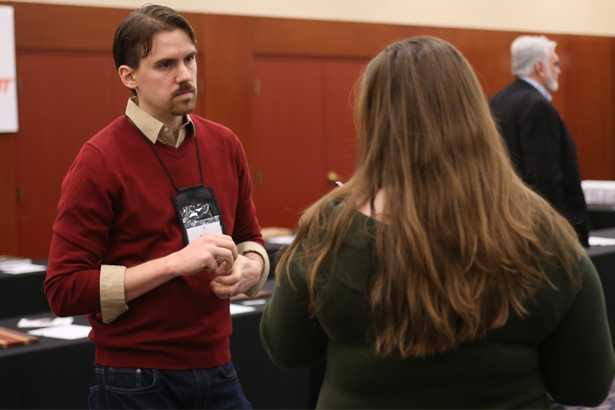 Brady Hardiman talks at a convention