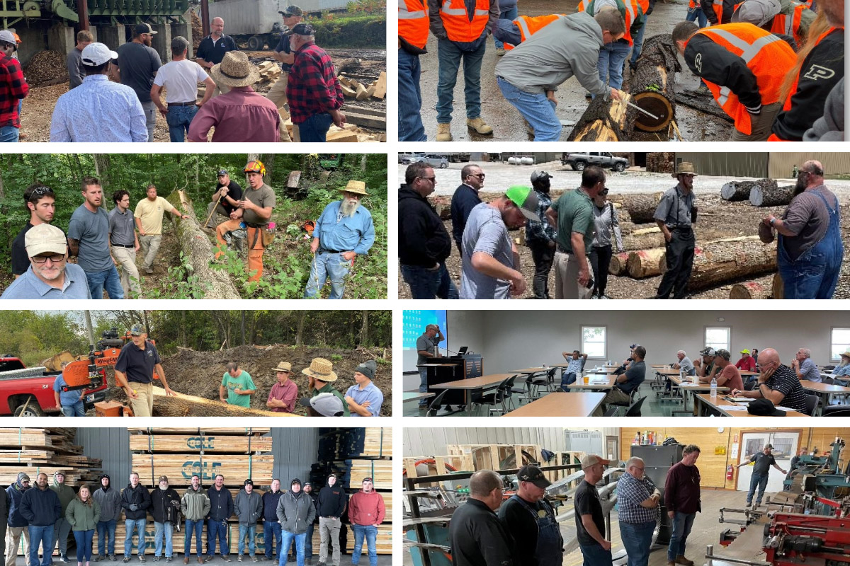 A collage of images from Hardwood University courses. Top row (Left to Right): Grade-Sawing Hardwood Logs; Marketing Hardwood Veneer, Stave and Sawlogs in Edinburgh, Indiana. Row 2: Tree and Log Quality, Scaling and Measurement in Butlerville, Indiana; Indiana Hardwood industry tour. Row 3: Grade-Sawing Hardwood Logs in Akron, Indiana; Timber Sales classroom session in Dubois, Indiana. Row 4: Air Drying Hardwood Lumber in Logansport, Indiana; Saw Filing and Maintenance in Salem, Indiana.