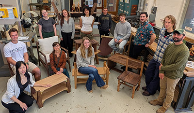 Dr. Eva Haviarova pictured with the spring 2026 Furniture Design class and their projects. 