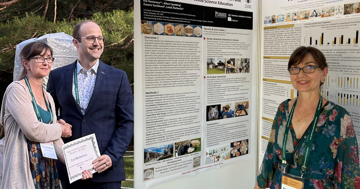 Dr. Eva Haviarova receives her SWST fellow certificate in Korea; Haviarova stands with research posters about her work at the SWST conference.
