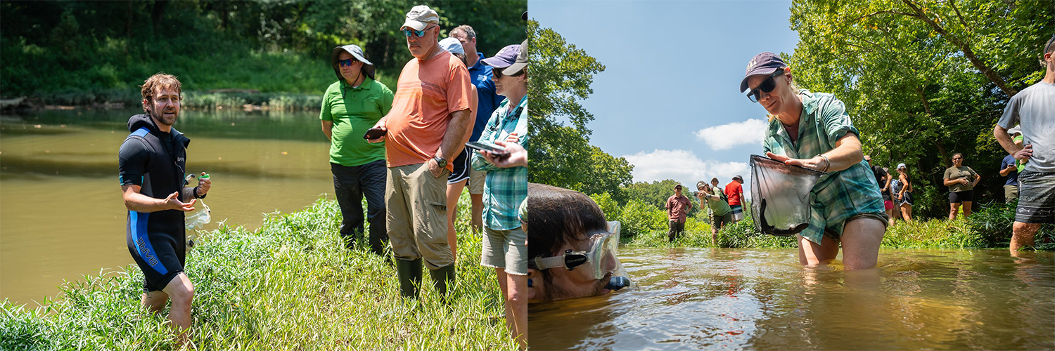 Nick Burgmeier (left), Purdue Extension Wildlife Specialist, speaks to attendees at an August 2024 event where captivity raised hellbenders were released into the Blue River near Cordyn, Indiana.