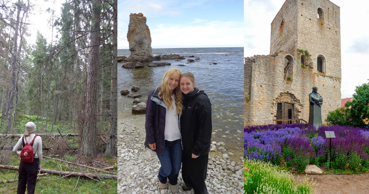 Bella Hilaski looks at the forest in Sweden; Bella and a friend stand with a Rauk, or stone pillar; the Visby church.