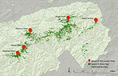 Map showing spruce-fir plots in Great Smoky Mountain National Park
