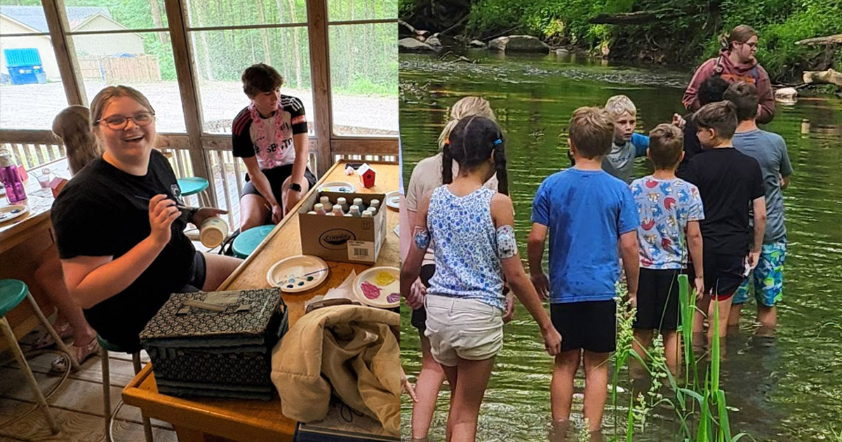 Ava Hoskins paints a pot; Ava leads a group of campers on a walk through the stream.
