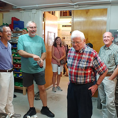 Dr. Michael O. Hunt with Dr. Carl Eckelman in 1967; Dr. Hunt (r) pictured with Dr. Carl Eckelman and Dr. Eva Haviarova at the FNR Professor Emeritus luncheon in 2024.