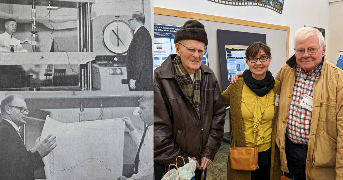 Dr. Michael O. Hunt with Dr. Carl Eckelman in 1967; Dr. Hunt (r) pictured with Dr. Carl Eckelman and Dr. Eva Haviarova at the FNR Professor Emeritus luncheon in 2024.