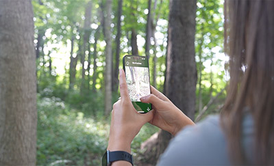 Katie Grong holds her phone while using the i-Forester app. 
