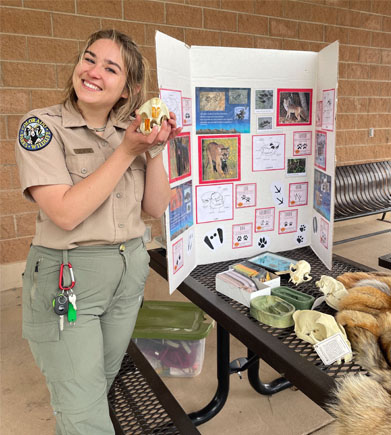 Emma Johnson holding a beaver skull during the Pelts, Tracks and Skulls program on native Colorado wildlife .