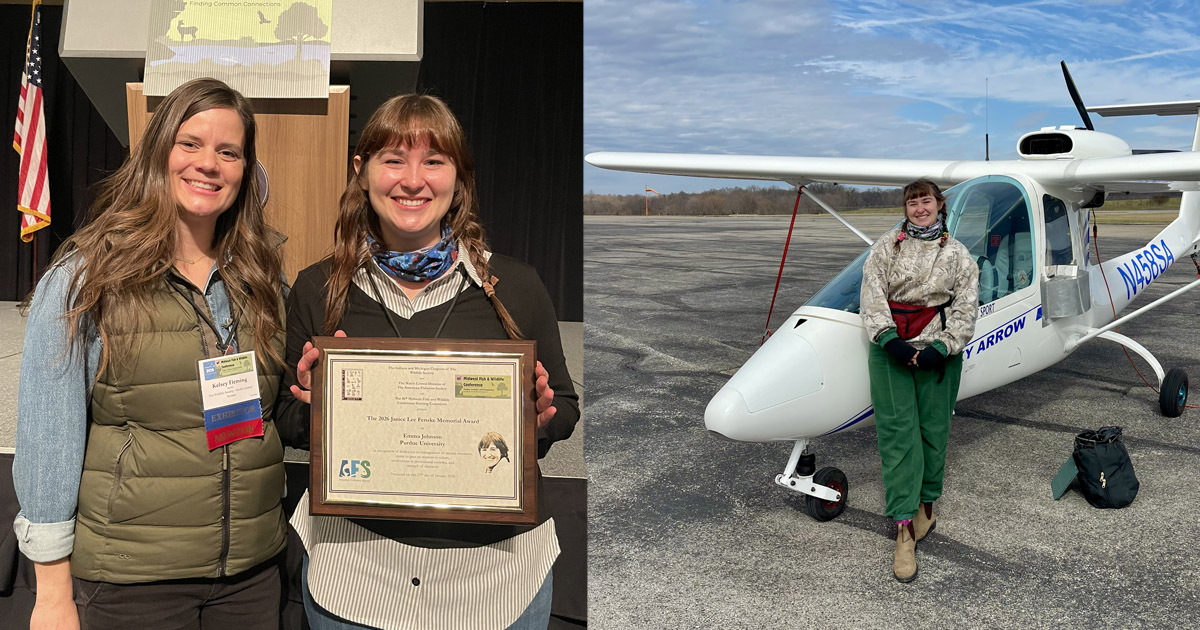 Emma Johnson receives her Fenske Award at the Midwest Fish and Wildlife Conference; Johnson stands next to the Sky Arrow plane her team uses for research. 