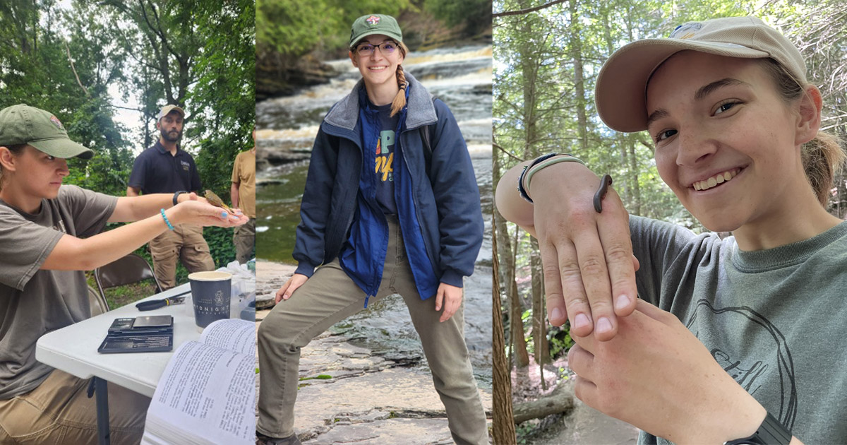 Hannah Kaluf releases a bird; Hannah Kaluf stands in front of a waterfall; Hannah Kaluf holds a worm