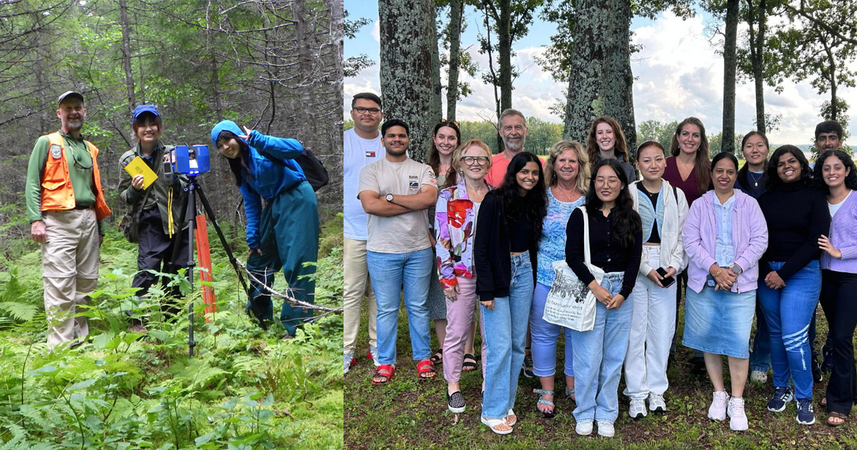 Dr. John Kershaw conducting terrestrial laser scanning in Newfoundland with students in 2017; Dr. Kershaw with the first UNB-MAHE nursing cohort in July 2023.