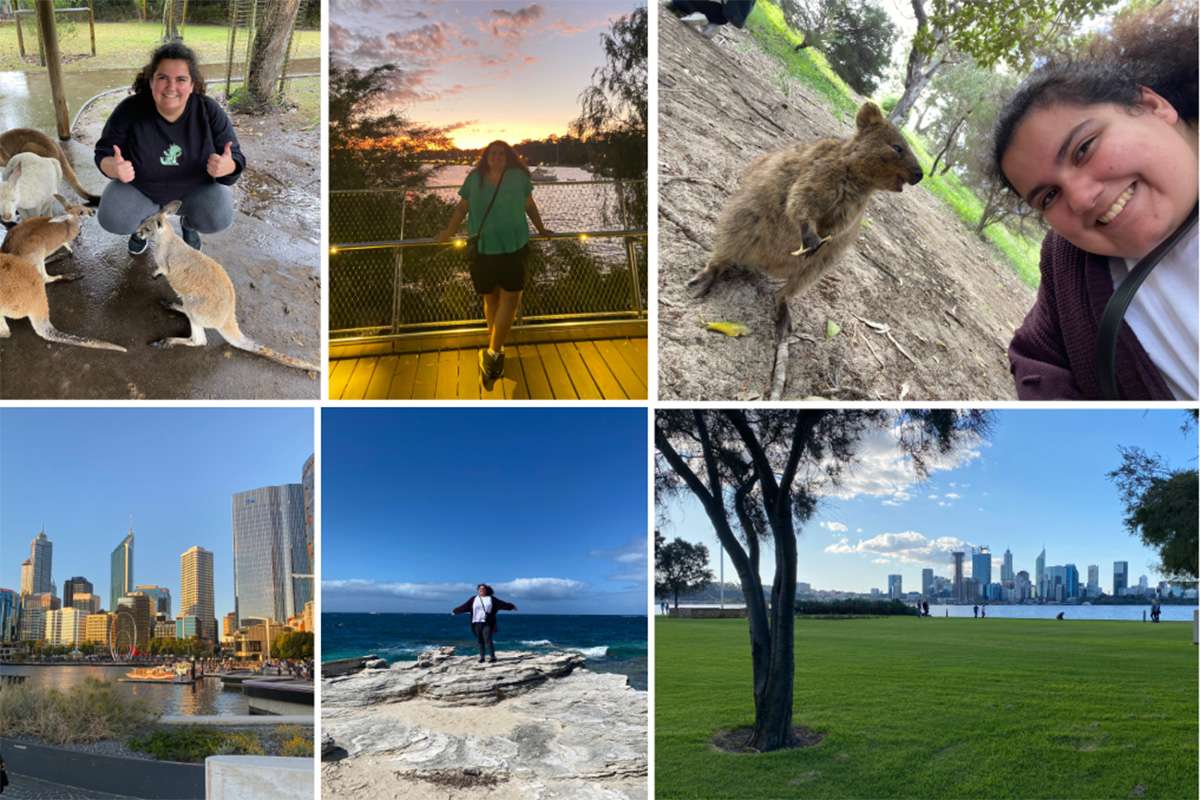 A collage of photos from Lara's semester abroad in Australia. Top row (Left to Right): Lara with a wallaby at the Perth Zoo; Lara standing in front of the sunset on Elizabeth Quay Bridge; Lara takes a selfie with a Quokka on Rottnest Island. Row 2: A bay in Perth, Western Australia; Lara standing with her arms outstretched on Rottnest Island next to the water; A view of Perth from across the Swan River. 