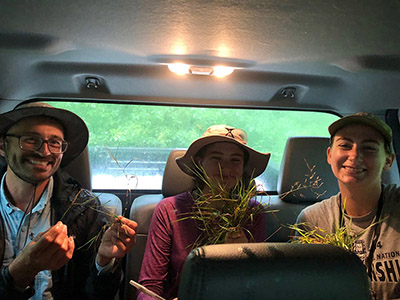 Laughner, her summer partner Chloe, and local botanist Nathanael Pilla hold some of their finds the backseat of a car.