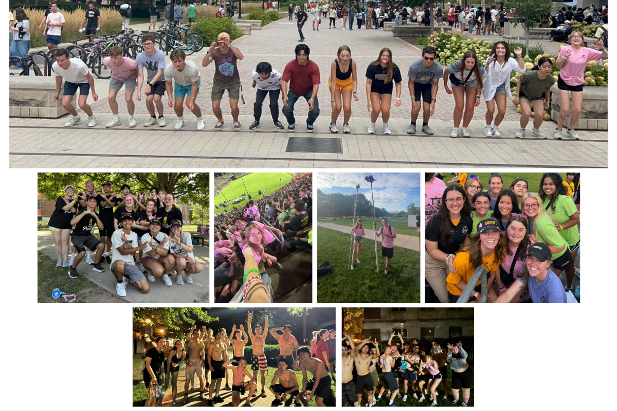 A collage of photos of Mallory Wagner at the 2024 Boiler Gold Rush event. Top row: By crossing the tracks to the south, a student signifies the beginning of a lifelong relationship with Purdue. Incoming freshmen ceremoniously cross the tracks each fall during Boiler Gold Rush. Row 2: A photo of Mallory and fellow BGR participants. Mallory takes a selfie with a fellow BGR leader; Mallory and a fellow BGR leader with their poles to mark their groups; Mallory and her group at an event in Ross-Ade Stadium. Row 3: Mallory's BGR group having fun at events on campus. 