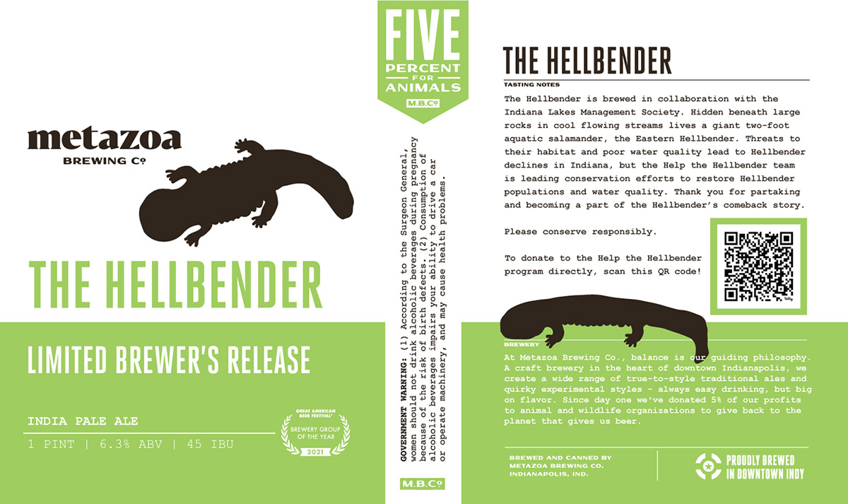 The label of The Hellbender IPA from Metazoa Brewing Company