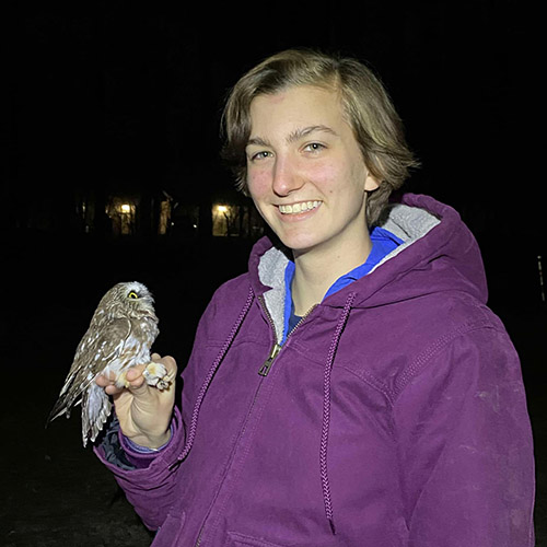 Lydia Pultorak works in the Geoinformatics, Ecosystem Management and Soil Sustainability Lab; Lydia holds a small snake; Lydia holds a Northern Saw-whet Owl.