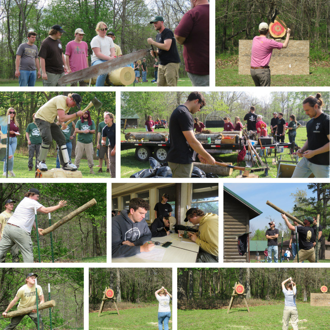 A collage of images of Purdue students competing in a variety of events at the Midwest Forestry Conclave in April 2026.