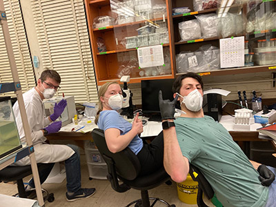 Meredith Scherer with former lab tech Mel Neill and post-doc Ty Hoskins (both in the Sepulveda lab)