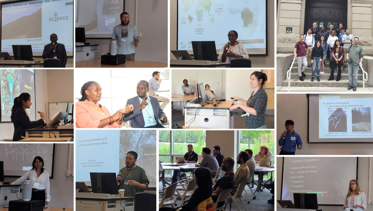 A collage of images from the Science-i Bridging Worlds Workshop. Top row (Left to Right): Dr. Sylvanus Mensah; Alex Mehne; Dr. Florence Palla; workshop attendees stand in front of Pfendler Hall on campus at Purdue. Row 2 (L to R): Anika Mitra; workshop attendees Florence Palla (OFAC) and Sylvanus Mensah (University of Freiburg) participate in a discussion at the event; Dr. Sandra MacFayden; Dr. Yaguang Zhang. Row 3 (L to R): Liz Kimbrough; Dr. Cang Hui; workshop attendees listen during a presentation; Vivian Sattler. 