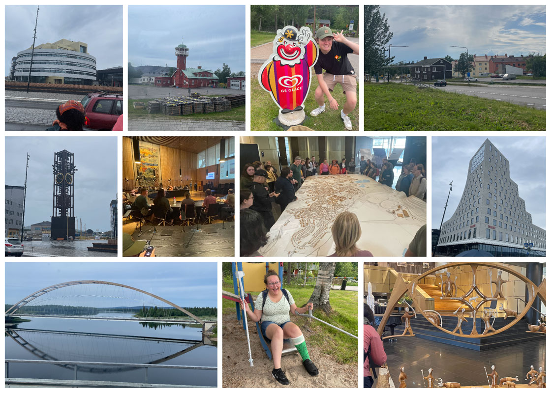 Photos from Kiruna, Sweden. Row 1: The new city hall building; the old city hall building; Keegan Abeson posing with an advertising sign of a clown; a view of the town of Kiruna; Row 2: the relocated clock tower; students in a meeting room; students with a miniature model of Kiruna; a new building adjacent to city hall; Row 3: a bridge spanning the river; Alex Dudley sitting on a slide; a piece of art in city hall.