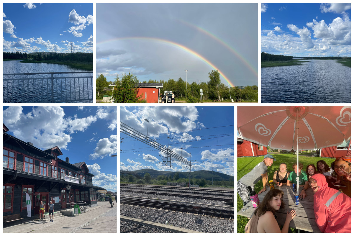Views of the river in Gällivare, Sweden; a double rainbow over the town; the train station in Gällivare and a photo of the study abroad group hanging out after dinner under an umbrella.