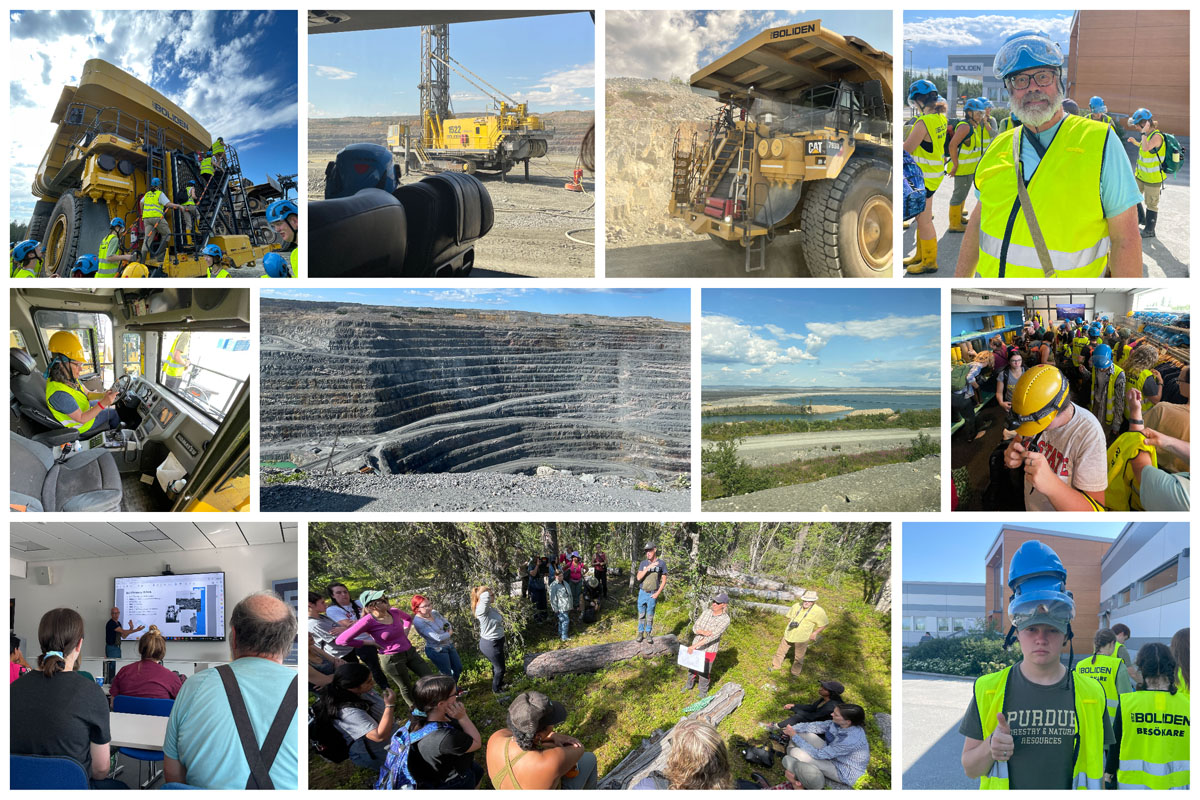 Photos from the Aitik mine owned by Boliden AB. Row 1 from left: students climbing onto a large truck, the drilling machine, Dr. Barny Dunning in his personal protective equipment. Row 2: a student in the truck cabin, the open pit mine; an on-site water holding area; students donning their PPE; Row 3: students in a lecture about mining; students at an outdoor forest field site; Keegan Abeson wearing multiple construction hats giving a thumbs up.