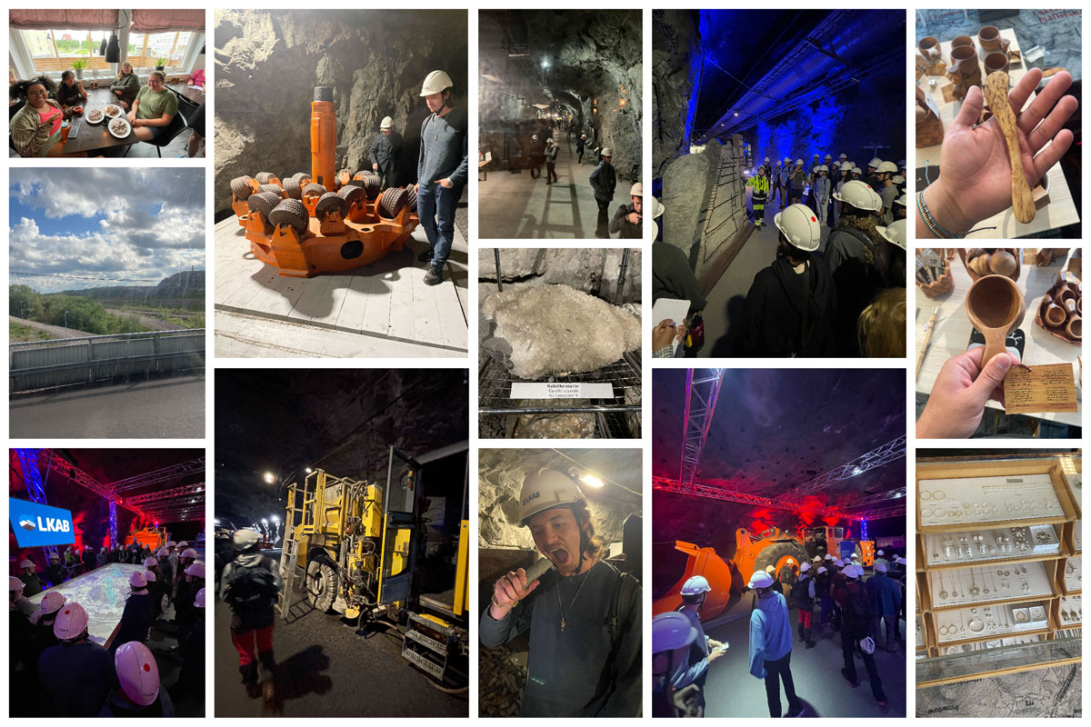 The LKAB Iron Shaft Mine in Kiruna. Row 1: Students enjoy breakfast; a student next to a drillhead; students next to an old train car; students viewing the mine plan; a birch knife; Row 2: a view of the mine; calcite crystals; a kuksa; Row 3: students look at iron deposits; students with mining machinery; a student pretends to bite a rock; students with more mining machinery; a case of jewelry