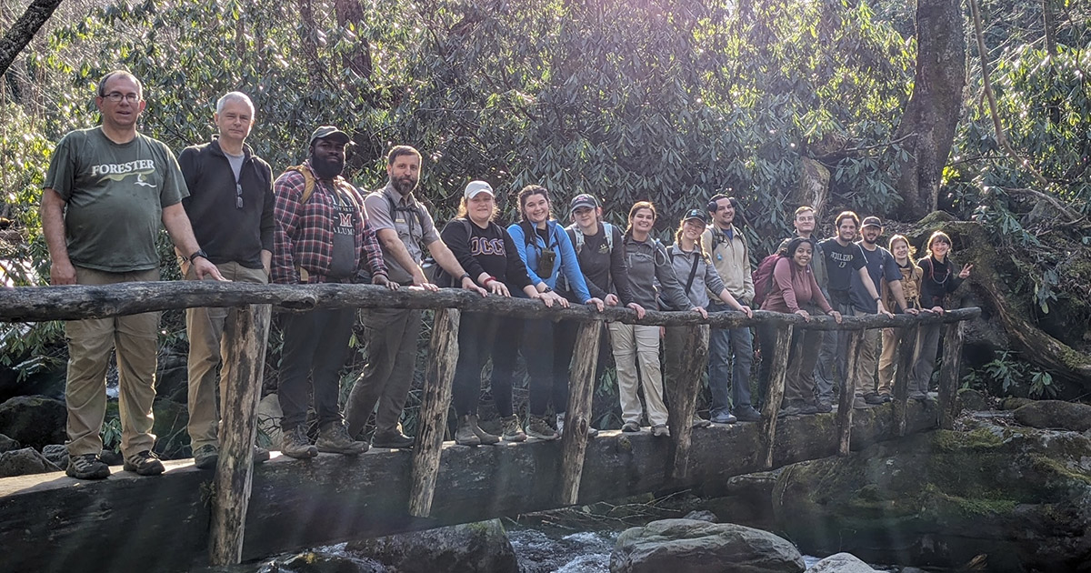 The 2024 Ecology of Natural Disturbances course students and faculty on a bridge in Smoky Mountain National Park
