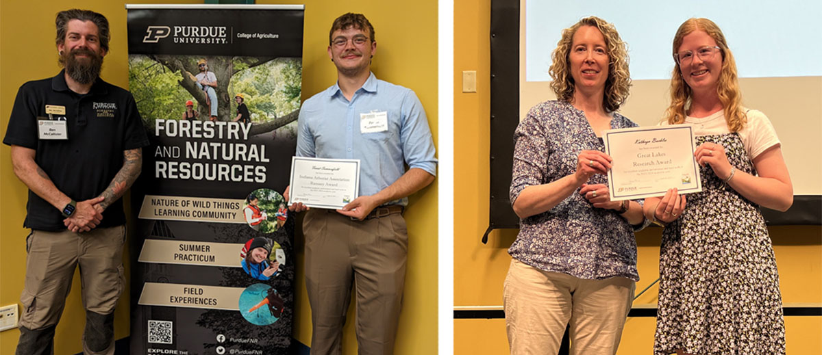 Forest Summerfield receives the Indiana Arborist Association Ramsey Award from Urban forestry specialist Ben McCallister; Amanda King receives the Great Lakes Research Award from Dr. Elizabeth Flaherty