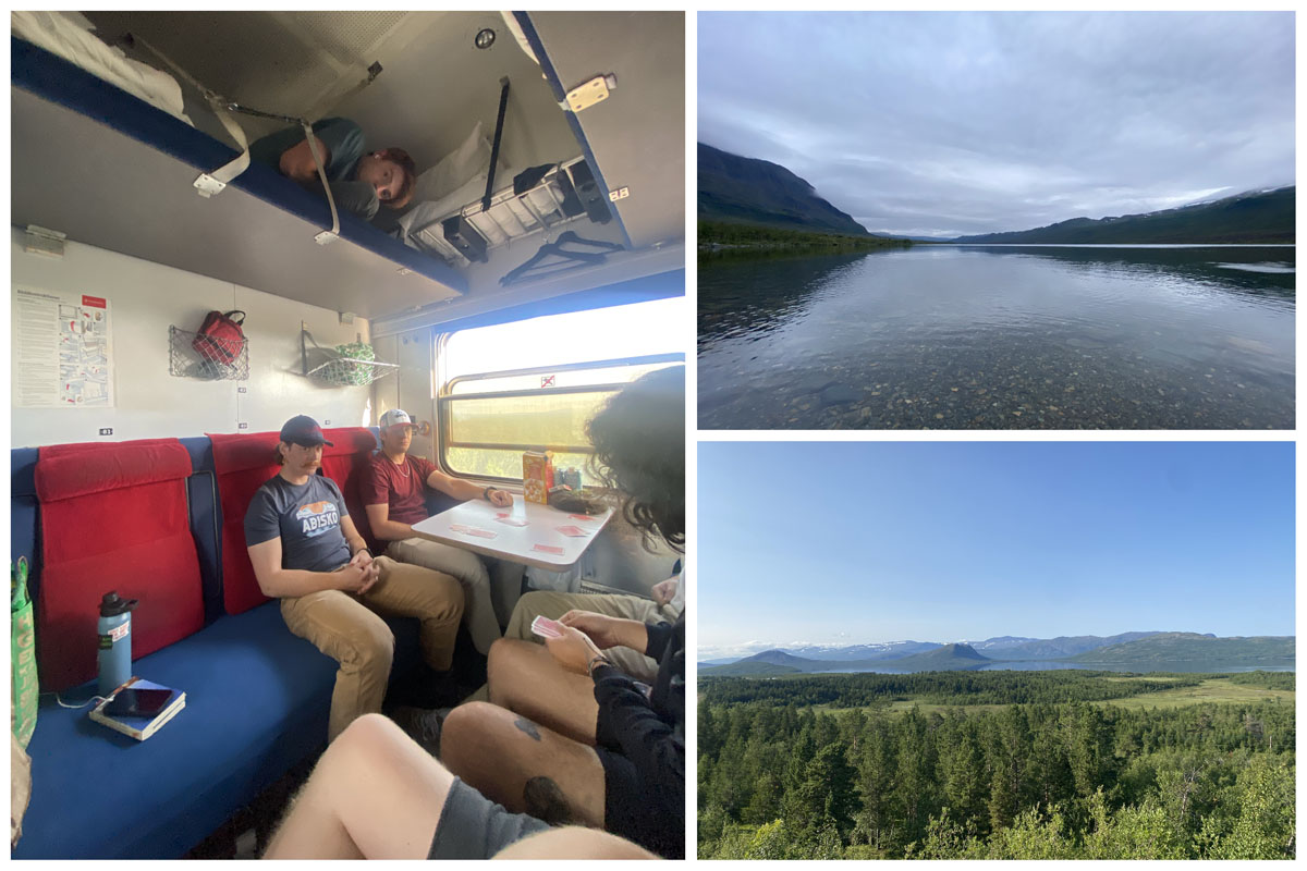 A view inside 6 person cabin on the night train; A view of Abeskojavri Lake; view from the train when the group woke up in Uppsala