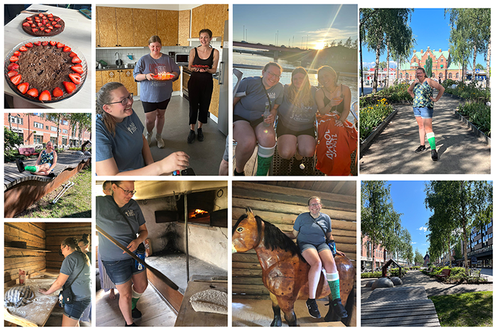 Scenes from Day 7 of the Sweden study abroad trip. Row 1 - a traditional Swedish Kladd Kaka (mud chocolate cake) rimmed with strawberries; the cakes with candles lit are presented to Alex Dudley for the 21st birthday on July 8; Dudley pictured in front of the river with two fellow students; Dudley poses in front of a building and trees; Row 2 - Dudley sits with her broken leg propped up on a bench, wearing a bright green cast; Row 3 - Dudley works with flour; Dudley uses a paddle to work with a crust near a wood-fired oven; Dudley sits on a wooden horse; A view of the city park.