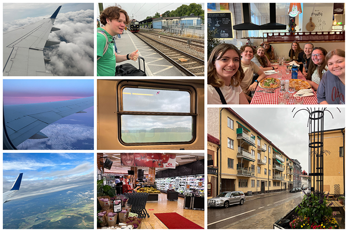 A collage of photos from Days 1 and 2 of the Sweden Study abroad trip. From left: airplane wing flying over fluffy white clouds; Keegan Abeson giving a thumbs up next to the railroad track with an oncoming train to his right; a group of students eats pizza ; Row 2: An airplane wing with a pink hue on top and clouds below; the Swedish landscape shown through a train window; Row 3: An airplane wing shown above the green Swedish landscape; a Swedish grocery story; a street and buildings in Sweden.