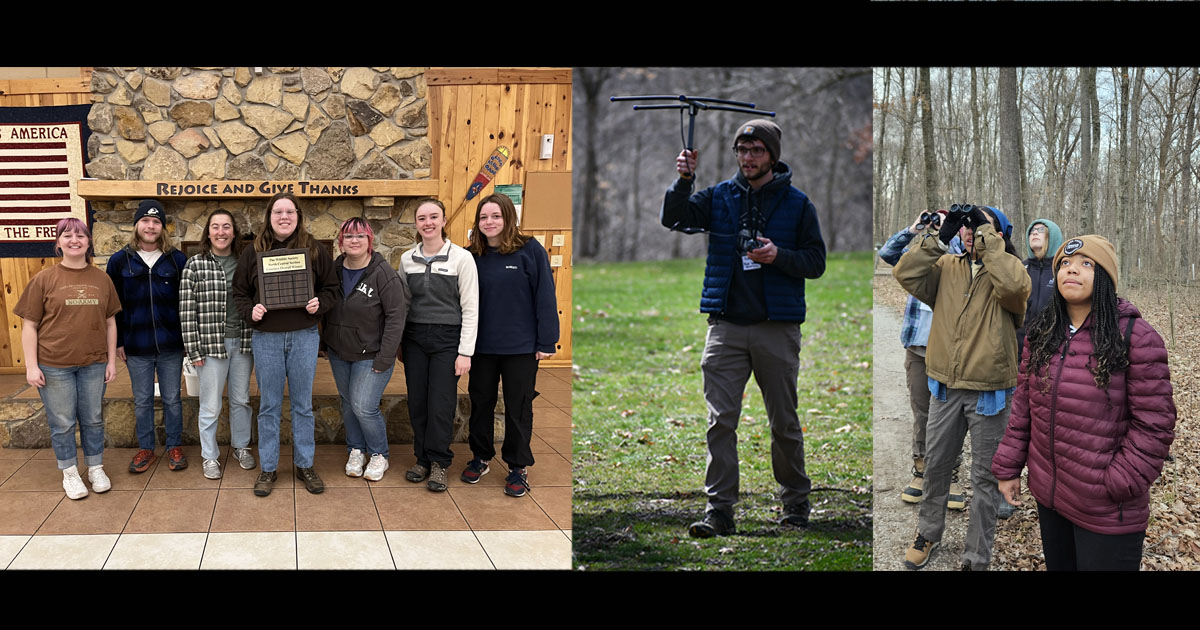 The Wildlife Society students hold a plaque for overall conclave winner; a student holds radio telemetry equipment; students hold binoculars while birding