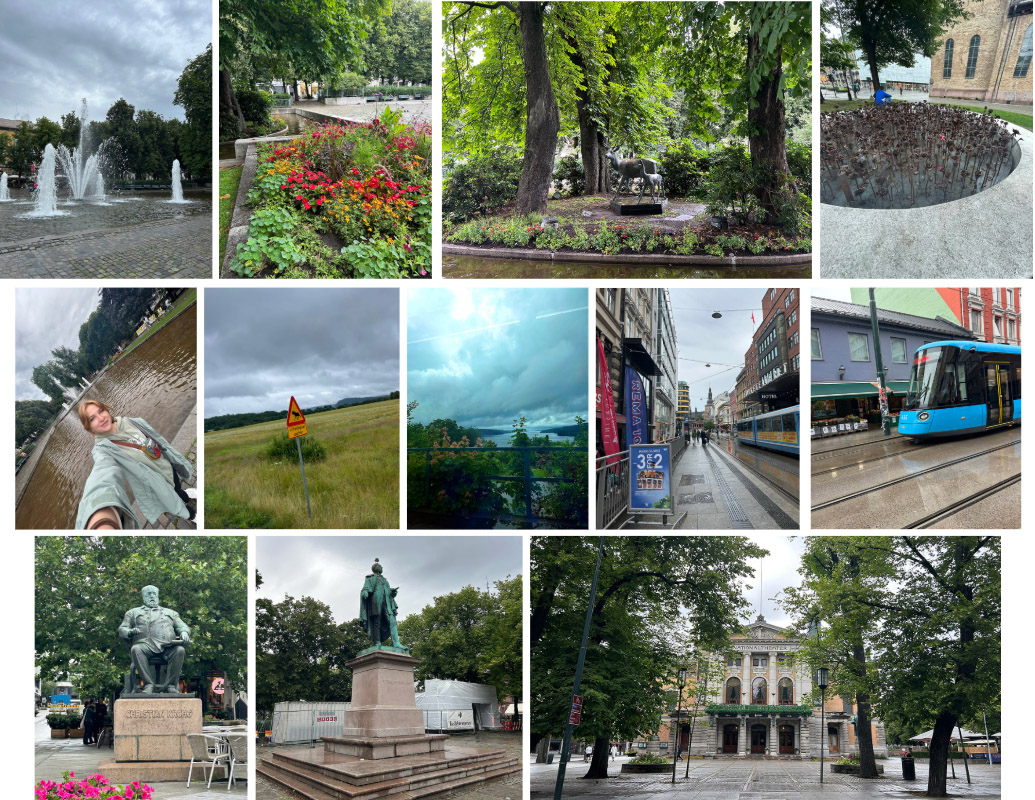 A collage of images from the Sweden Study Abroad trip, including a train ride from Lysekil, Sweden, to Oslo, Norway, as well as visits to the Oslo Domkirke, opera house, parks and local ice cream shop