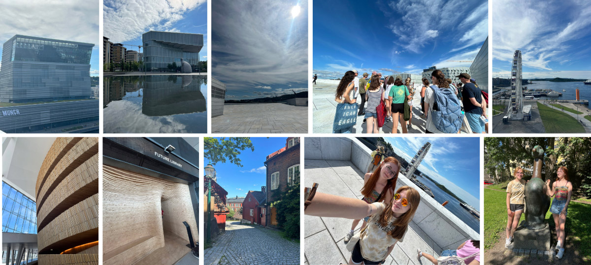 A collage of images from the Sweden Study Abroad trip, including the Oslo opera house, the largest library in Oslo and other sites around the city. 