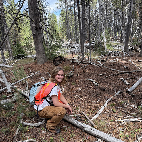 Wildlife alumna Lauren Wetterau kneels next to a red squirrel midden in the Greater Yellowstone ecosystem; a red squirrel sits on downed tree