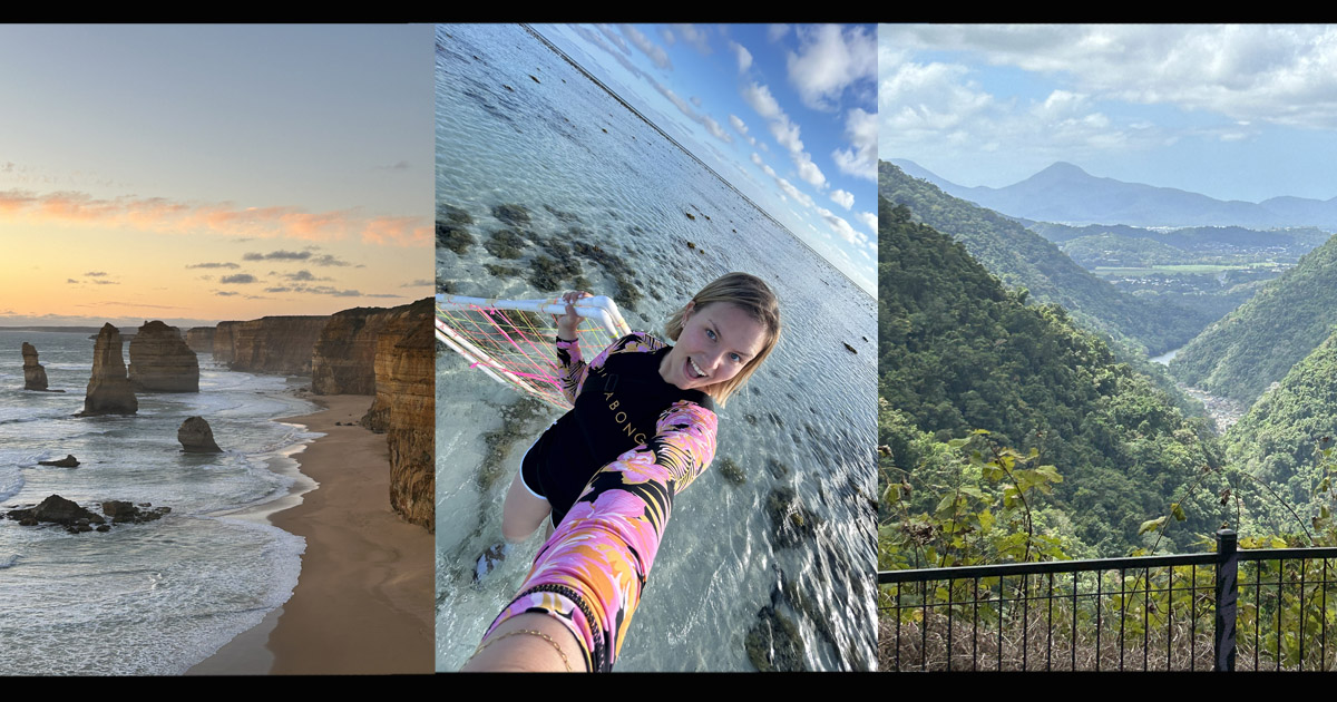 View of the 12 Apostles on the Great Ocean Road in Melbourne; Lauren Wetterau takes a selfie while doing reef flat surveys; view of the landscape from the Karunda Scenic Railway