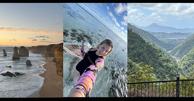 View of the 12 Apostles on the Great Ocean Road in Melbourne; Lauren Wetterau takes a selfie while doing reef flat surveys; view of the landscape from the Karunda Scenic Railway
