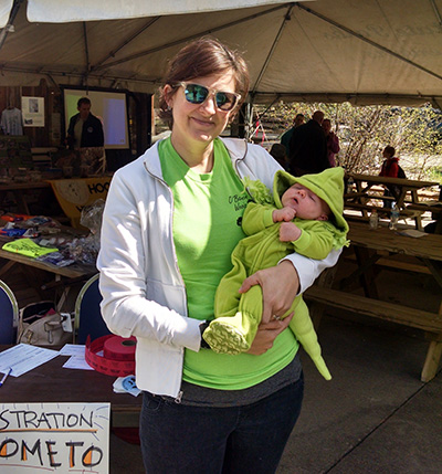 McCallen at the Hellbender Hustle in O’Bannon Woods state park with baby Warren dressed as a larval hellbender in April 2015. 
