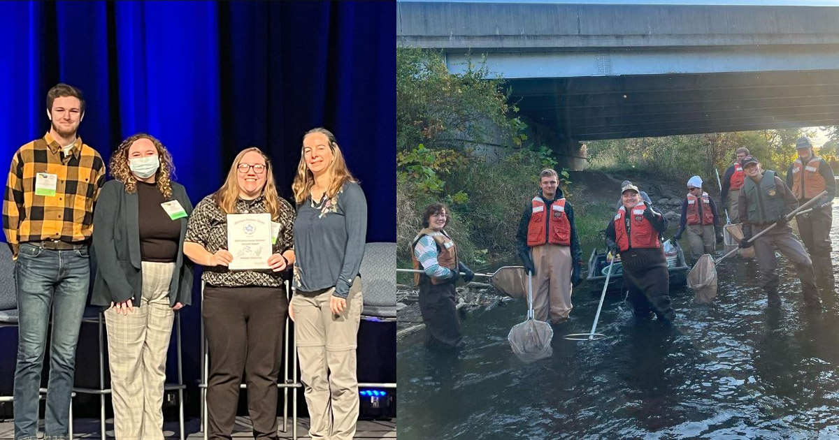 Purdue student chapter of the American Fisheries Society receiving the Most Active Student Subunit Award , also pictured electrofishing