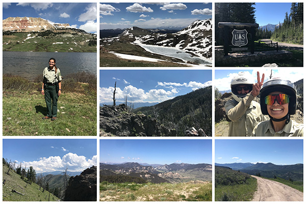 Mikaela Agresta at her internship as a forestry recreation technician at Shoshone National Forest in Wyoming (Clockwise Left to Right): Mikaela in front of Clay Butte, one of the most photographed areas on the Clark's Fork District of Shoshone National Forest; A frozen lake in Beartooth Mountain Range on June 29; The entrance to Shoshone National Forest's Clark's Fork District; (center) View of a trail from an off-road vehicle; Mikaela and co-worker Fred using an UTV to patrol off-road vehicle use trails; road with the Absorka Mountain Range in the distance; part of Clark's Fork District; view from an off-road vehicle use trail. 