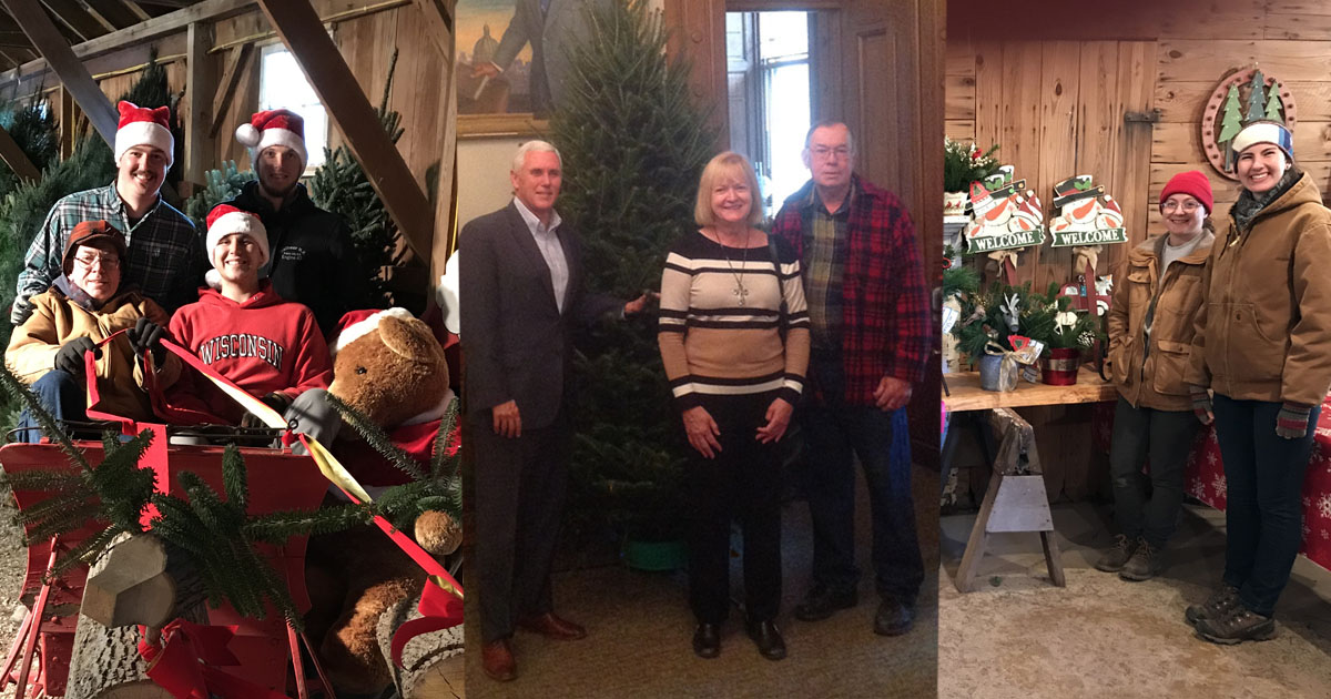 Dr. Dan Cassens with student workers in a sleigh at Cassens Trees; Dan and wife Vicki at the statehouse with Governor Mike Pence; student workers in Cassens Tree Shop