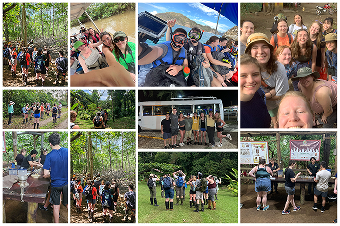 Images of the Costa Rica study abroad group in various settings, on excursions from snorkeling to birdwatching to visit a cocoa farm and sampling chocolate.
