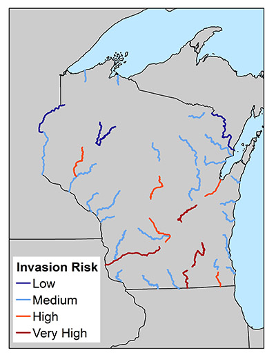 Map of rivers in Wisconsin and invasion risks of carp - Coulter et al.